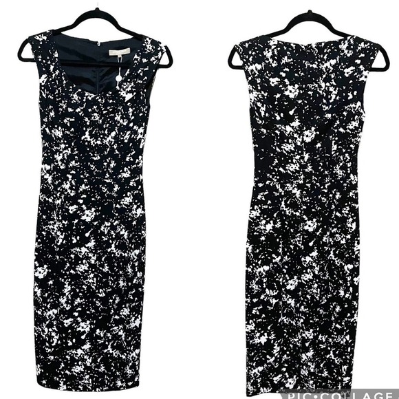 MICHAEL KORS COLLECTION Midi Dress 0 Black White Jacquard Sheath Zip Career NWT - Picture 2 of 10